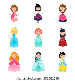 Little princesses set in beautiful dresses with crowns. Vector illustrations in flat style. Isolated on white background.