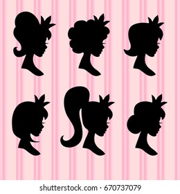 Little princesses vector portrait. Young girl faces with crown black profiles. Silhouette of head portrait young princess illustration