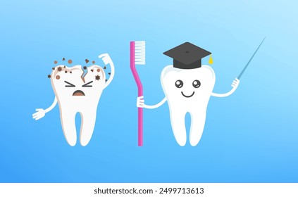 Little Professor tooth and dirty broken tooth. Dental health, dentistry concept. Flat cartoon vector illustration for childrens clinic.