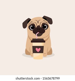 Little pug dog drink coffee vector illustration