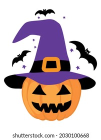 Little Pumpkin with witch hat - Hand drawn pumpkin with Halloween bats. Autumn color poster. Good for poster, greeting cards, banner, textile, gift, shirts, mug or gift. Happy Halloween Jack o lantern