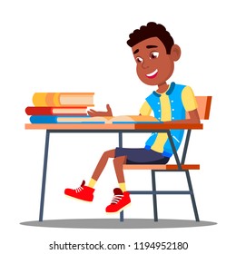 Little Pupil At A Desk Reading Book In The Classroom Vector. Black, Afro American. Isolated Illustration