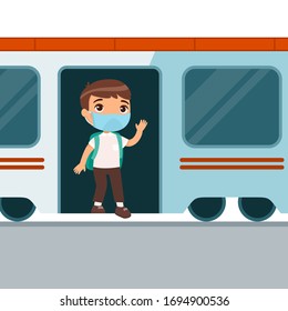 Little pupil leaves the train and waves. Cute schoolboy with a medical mask on her face. Virus or allergy protection concept. Vector illustration on a white background.