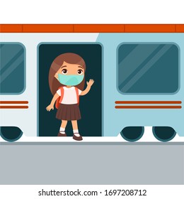 Little pupil leaves the train and waves. Cute schoolgirl with a medical mask on her face. Virus or allergy protection concept. Vector illustration on a white background.
