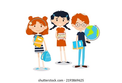 Little pupils with books, a globe, and a backpack. Back to school. Vector illustration