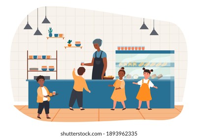 Pequeños alumnos haciendo cola, llevando bandejas con el almuerzo en el comedor escolar. El interior de la cafetería escolar con niños. Los escolares toman bebidas y comidas al mediodía. Ilustración vectorial de dibujos animados planos