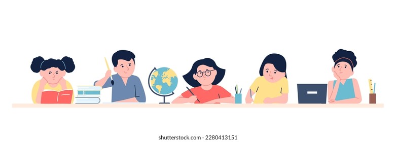 Little pupils studying together, children in library or lesson doing homework. Group studies, writing test or prepare exam. Students recent vector scene
