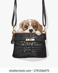 little puppy in black leather purse illustration