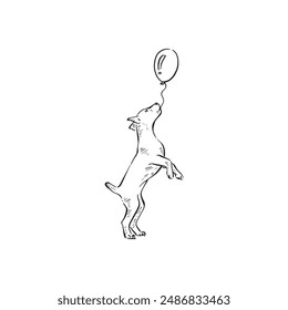 A little puppy in black and white holding a balloon in its mouth. A hand drawn line illustration in black and white vector. 