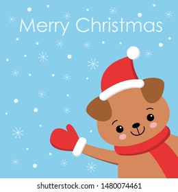 Little Puppy card. Young Funny Dog. Cute brown playful puppy in hat as Santa Claus. Clipart vector illustration.