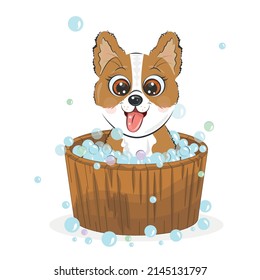 Little puppy corgi dog is having a bath. 
Hilarious cute clean doggie bathing in bubbles.