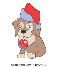  Little puppy in SantaÃ¢Â?Â?s hat is holding Christmas decoration