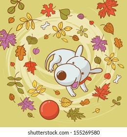 Little puppy playing with a ball in fall leaf background. Autumn background, greeting card. Template design can be used for packaging, invitations,Birthday decoration, print for mag cup and etc.