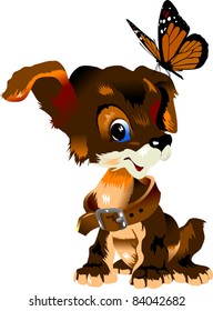 little puppy playing with a beautiful butterfly (vector illustration);