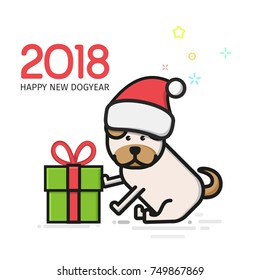 Little puppy sitting beside his gift-box. Isolated Christmas dog in red hat on white background vector illustration. Template for designing