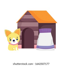 little puppy sitting next house and food pack canine cartoon pets vector illustration