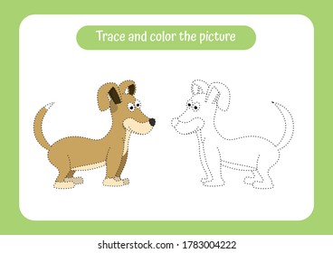 Little puppy. Trace and color the picture children s educational game. Handwriting and drawing practice. Pet theme activity for toddlers, kids. Vector illustration.