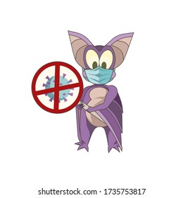 Little purple bat made in cartoon style with mask and sign “stop coronavirus” on white isolated background, good vector illustration for prints, posters, elements of decor for websites, logos, icons.