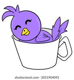 little purple bird is happily sleeping in a mug, vector illustration art. doodle icon image kawaii.