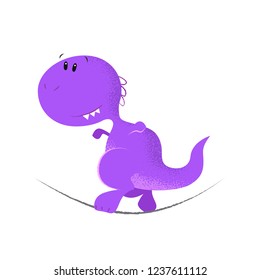 Little purple dinosaur walking on thin rope. Balance, extreme, risk. Can be used for topics like reptile, recreation, mascot