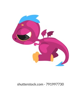 Little purple dragon with sad face expression. Cartoon character of mythical creature. Colorful flat vector design for children's mobile or computer game