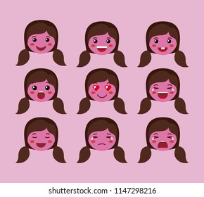 little purple girls emoticon set kawaii characters