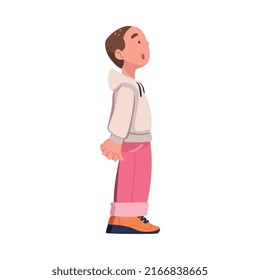 Little Puzzled Boy Standing and Talking to Somebody Vector Illustration