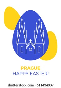 Little Quarter Bridge Tower in Prague in Czech Republic. Happy easter theme with big colorful eggs. Simple minimalistic vector illustration. Thin line silhouette front line building. 