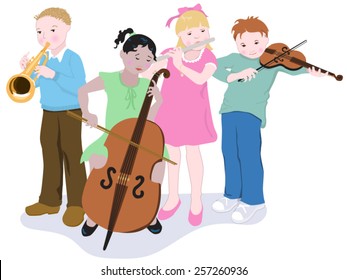 Little Quartet Simple, easy to edit vector illustration of four young children playing musical instruments.  