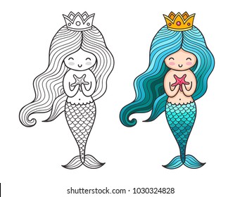 Little queen mermaid with starfish. Cute cartoon character. Vector colored illustration for print, card, poster, t-shirt, coloring books, tattoo.