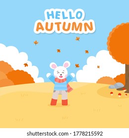Little rabbit in the autumn forest. Cute cartoon character. Autumn season. Vector illustration.
