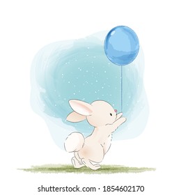 Little rabbit and ballon cartoon illustration, watercolor animals Isolated on white background, for cover book, print, baby shower, nursery decorations, birthday invitations, poster, greeting card, fa