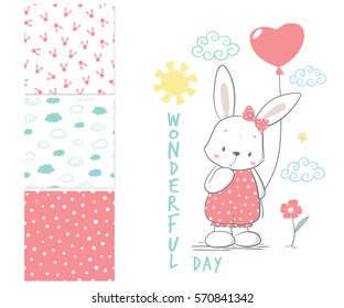 Little Rabbit with balloon. Surface design and 3 seamless patterns. Cartoon vector illustration