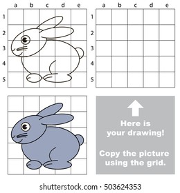 Little Rabbit to be duplicated using grid sells. Drawing tutorial to educate preschool kids with easy kid educational gaming and primary education of simple game level of difficulty.