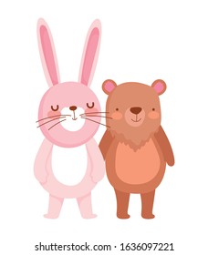 little rabbit and bear cartoon character on white background vector illustration