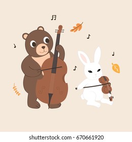 Little rabbit and big bear playing music with autumn vector.