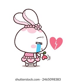 Little rabbit is broken heart and sad. Kawaii cartoon style