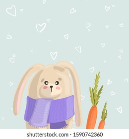 Little rabbit with a carrot in a purple scarf on a green background with white hearts. Happy easter concept. Place for an inscription.
