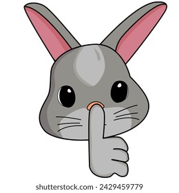 little Rabbit character holding hand near mouth silence. Shh symbol