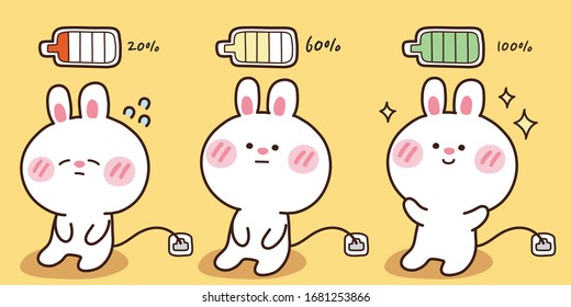 Little rabbit charging batteries from low to high  Baby bunny cartoon collection  Cute cartoon animal character design set  Vector  Illustration 