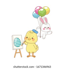 little rabbit and chick with balloons helium easter characters vector illustration