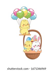 little rabbit and chick with balloons helium easter characters vector illustration