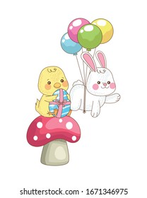 little rabbit and chick with balloons helium easter characters vector illustration