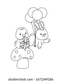 little rabbit and chick with balloons helium easter characters vector illustration