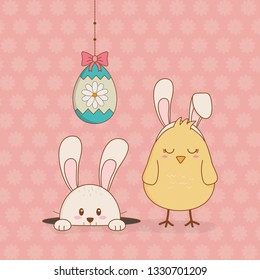 little rabbit and chick with egg painted easter characters