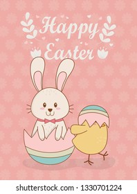 little rabbit and chick with egg painted easter characters