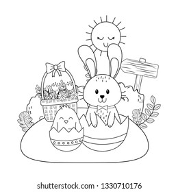 little rabbit and chick with egg painted in the garden