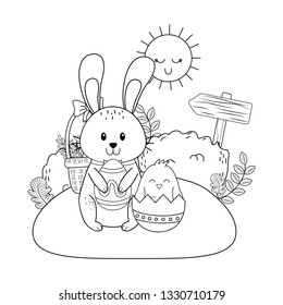 little rabbit and chick with egg painted in the garden