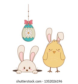 little rabbit and chick with egg painted easter characters