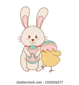 little rabbit and chick with egg painted easter characters